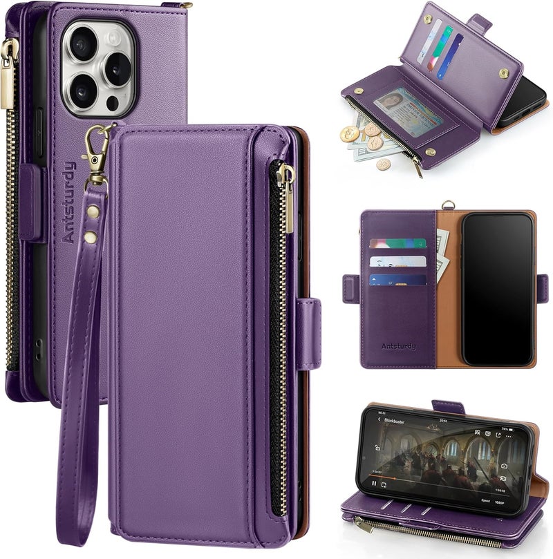 Antsturdy Compatible with iPhone 16 Pro Max Wallet Case,RFID Blocking PU Leather Phone Case Women Men Kickstand flip Cover Wrist Strap Zipper Credit Card Holder Slots for Apple 16 ProMax,Purple - Image 1